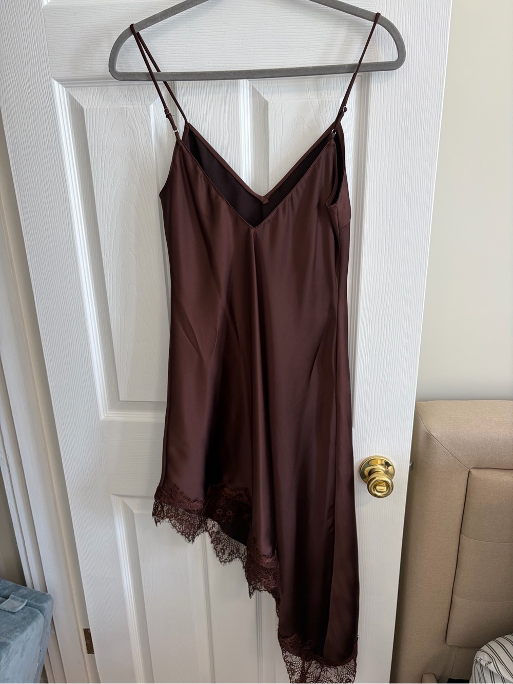 Zara Brown Asymmetrical Slip Dress with Lace Trim - Picture 2 of 5